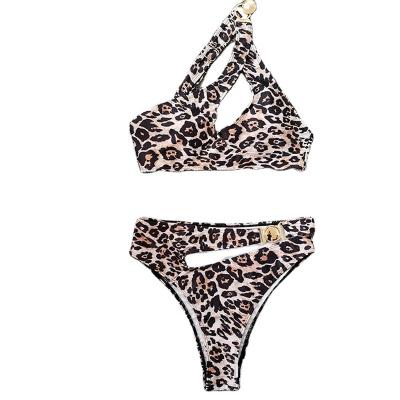 China RONGHE 2022 windproof triangle cut bikini set leopard one shoulder two piece swimsuits swimwear swimwear high waist for sale