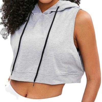 China RH0514 Anti-wrinkle OEM wholesale gray sport hooded ladies crop sleeveless hoodie with black drawstring for sale