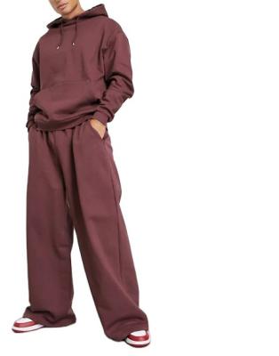 China Anti-wrinkle RH drawstring hoodie design drop shoulders overhead pocket ribbed oversized burgundy tracksuit hoodie and wide leg joggers for sale