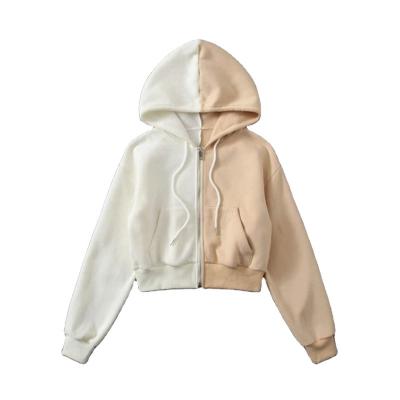 China Anti-Wrinkle RH Drop White Beige Shoulder Long Sleeve Kangroo Pouch Cropped Two Tone Color Block Zip Drawstring Hoodies for sale