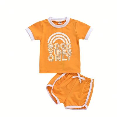 China Summer Anti-Shrink Sports Infant Babies Boy Clothes Sets Letter Print Causal Short Sleeve T-shirts Tops+Shorts Yellow Clothing Set for sale