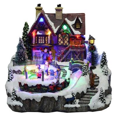 China Christmas Rotating Ski Stage Noel Polyresin Led Music Decor Fiber Optic Christmas Village Houses for sale