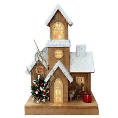 China OEM Christmas Classic Home Interior Decoration Wooden Led Lighted Church House for sale