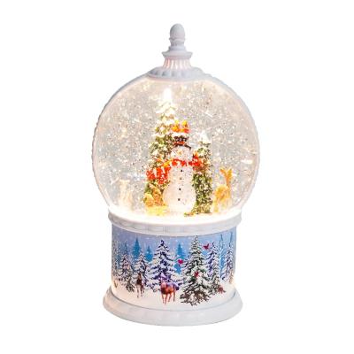 China Snowman Stage MELODY Resin Snowman LED Sprinkle Glitter Water Christmas Snow Swirl Spinning Globe for sale