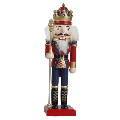 China Wholesale Wooden Christmas Festival Decor Red Uniform Wooden Golden Scepter King Nutcracker Standing Figurine Traditional Figurine for sale