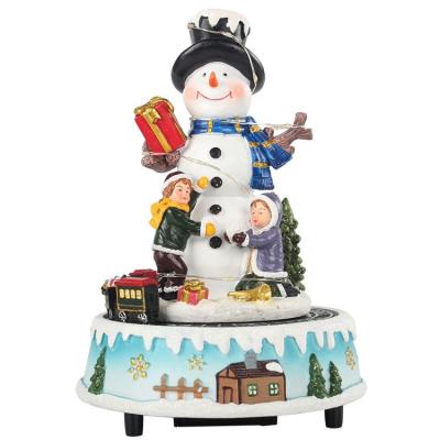 China Artificial Wholesale Resin Led Light Up Rotating Christmas Musical Stage Snowman Animated Music Box for sale