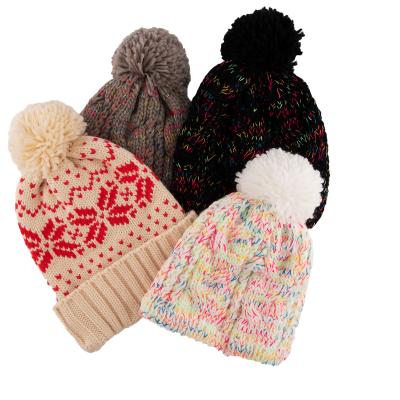 China COMMON custom design logo thick colorful jacquard knit warm hat pom pom beanie for sale