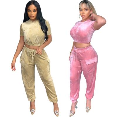 China Anti-pilling Velvet Tracksuit Jogging Sets For Women Summer New 2022 Fashion Casual Crewneck Crop Top Pants Velvet Two Piece Sets for sale