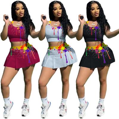 China Tie dye anti-pilling skirts set women summer outfits U neck crop tennis top two-piece pleated skirt sets 2021 for sale