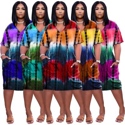 China Anti-Static Summer Dresses Women Fashion Casual V-Neck Tie Dye Plus Size Midi Dress With Pockets And Sleeves for sale