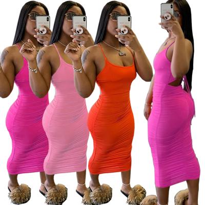 China New Summer Anti-Static Dress Women's One-piece Halter Stacked Back Off Sleeveless Bodycon U Neck Suspender Backless Dress for sale