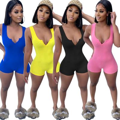 China Anti-pilling one-piece jumpsuit summer rompers jumpsuit 2021 sleeveless V-neck body con women shorts shorts for sale