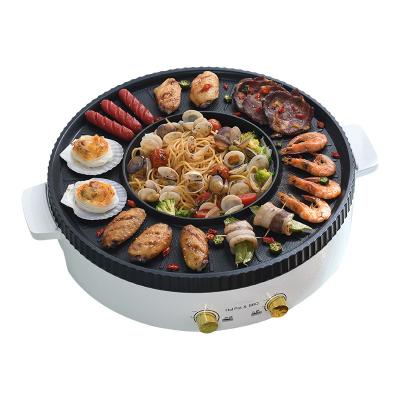 China Easily Cleaned Multi-Function Indoor Smokeless BBQ Grill Round Mini Electric Hot Pot Non-Stick BBQ Pan with Steamer for sale