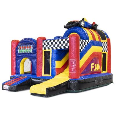 China 0.55mm PVC F1 Super Cool Monster Car Inflatable Castle Jumper Bouncing Slide For Kids Combo for sale