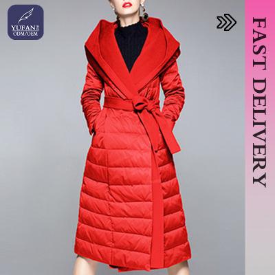 China YuFan high quality waterproof high end stock women red down jacket ladies bubble long windproof hooded stripper women's stripper jacket for sale