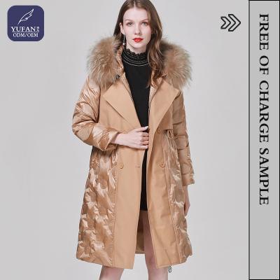 China YuFan waterproof British ditch coat long quilting down the fake two fake 90 high quality ladies warm windproof class quilt down coat for sale