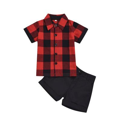 China Anti-pilling Kids School Red Checked Top Loose Comfortable Clothing Sets Boys Kids Clothes Sets Shirt Lapel Button Shorts Kits Shirt Suit for sale