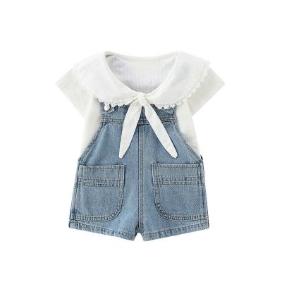 China Casual Spring/Summer 2022 New Trend Girl Shirt Set College Style Denim Suspender Pants Casual Two Piece Set One Hairdresser for sale