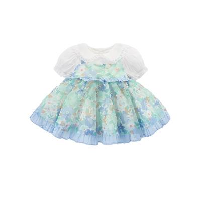 China 2022 Summer Children's Spring/Sleeve Doll Collar Casual Short Dress Print Foreign Korean Edition Mesh Skirt Set One Piece for sale