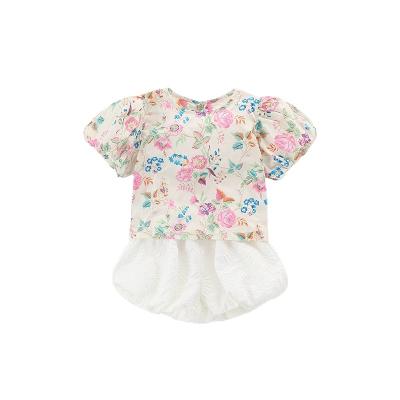 China Spring/Summer 2022 New Casual Girl Floral Puff Sleeve Tops Hair Lantern Casual Two Piece Set One Piece for sale