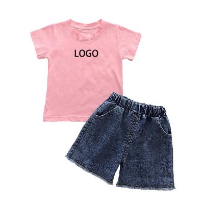 China 2022 Summer New Pattern Pure Cartoon Cotton T-shirt Breathable Pink Solid Color Custom Sleeve Suit Kids Boys Girls Toddler Short Clothing Set for sale