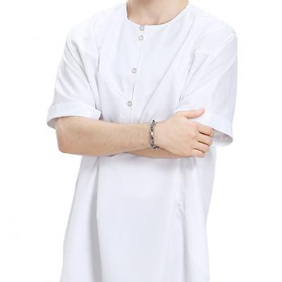 China Qamis Muslim Short Sleeve Thobe Blouse Men Polyester Fiber Long Robe Islamic Clothing Arab Indian Style New For for sale