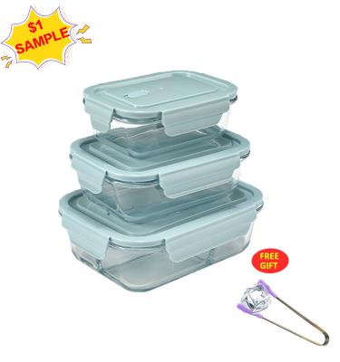 China Air Tight Baby Glass Clear Square Borosilicate Insulated Eco Food Food Sustainable Blue Rice Storage Container Set Bento Lunch Box for sale