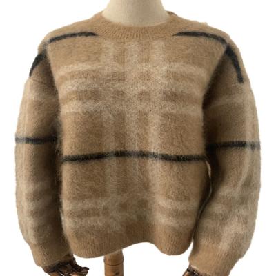 China Anti-wrinkle Ms. winter collar mohair wool plaid jacquard round sweater to keep warm sweater for sale