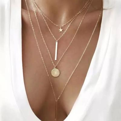 China Jewelry Fashion 18k Gold Plated Thin Chain Vertical Bar Multi Layered Charm Coin Star Pendant Necklace For Women for sale