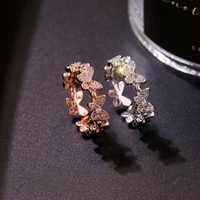 China Hot Selling Jewelry 2021 Fashion Girls Simple Silver Jewelry Women's Open Slit Crystal Butterfly Rhinestone Ring for sale