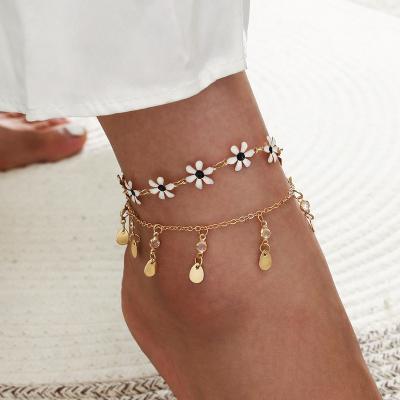 China Hot Selling 2 Layers 2 Pieces Anklet Shoes Jewelry Double Set Fresh And Sweet Flower Oil Summer Style Tassel Crystal Anklet Chain For Women for sale