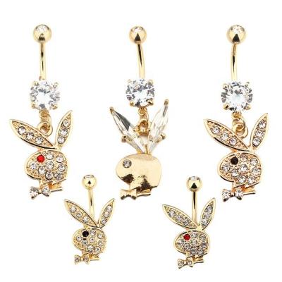 China Jewelry Fashion Steel Bunny Diamond Navel Ring Gold-Plated Rabbit Head Dangle Navel Rings Body Piercing Jewelry For Women for sale