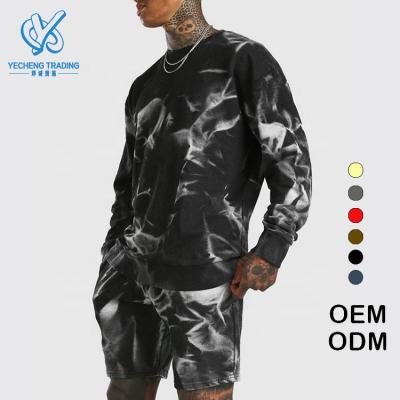 China Custom Factory Brand Name Custom Breathable Sweat Suits Mens Crewneck Streetwear Mens Two Piece Sweatshirts Tie Dye Black Shorts Tracksuits for sale