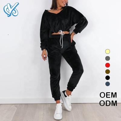 China OEM Breathable Custom V Neck Long Sleeves Women Logo Winter Gym Wear Sexy Crop Hoodies Velvet Jogger Suit Custom Tracksuit for sale