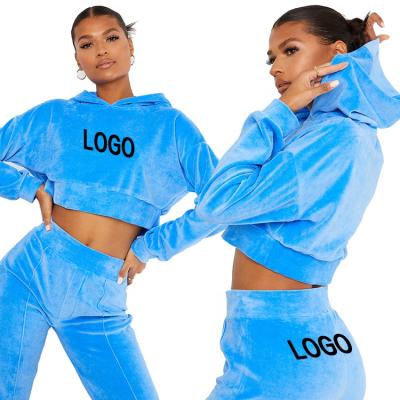 China Breathable Custom Blue Velvet Wide Leg Joggers & Cropped Velvet Jogging Tracksuit Women Lady Sweatsuit Sweat Tracksuit Hoodie for sale