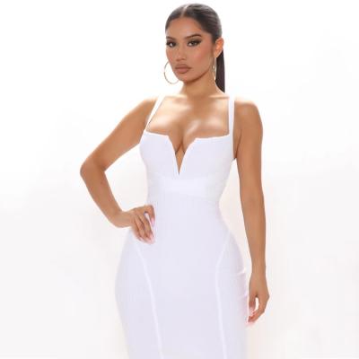 China Custom Made High Quality Cheap Halter Anti-wrinkle Sleeveless Celebrity Party Club Dress Women Elegant White Misty Bandage Midi Dress for sale