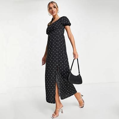 China Anti-wrinkle OEM Custom Design Women Dot Print Front Split Elegant Casual Polka Dot Dress Summer Ladies Square Neck Puff Sleeve Midi Dresses for sale