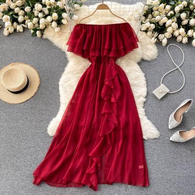 China Custom Made Anti-wrinkle OEM Women Vacation Dress Summer New Ruffles Slim Bohemian Off-Shoulder Butterfly Sleeve Chiffon Beach Short Dress for sale