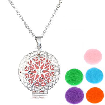 China CLASSIC 925 Photo Hollow Round Box Yoga Lotus Aromatherapy Color Cotton Pad Silver Plated Aroma Dispenser Pendant Necklace for sale