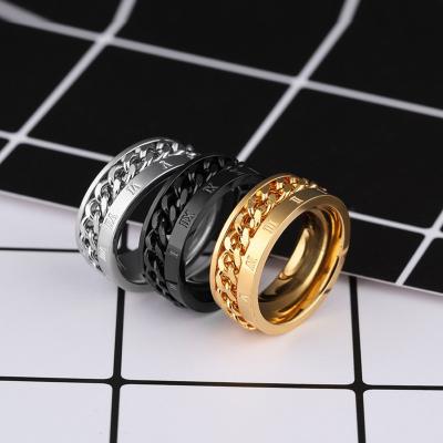 China Long Color Keeping Personalized Stainless Steel Roman Numeral Men's Black Ring Punk Rotating Chain Link for sale