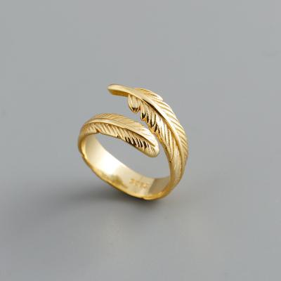 China Gold Plating Cute Classic CLASSIC Design 925 Sterling Silver Feather Adjustable Finger Ring Women for sale