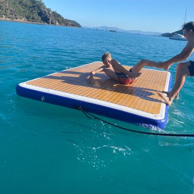 China Water Sport / Lakes Drop Stitch PVC Teak Foam Inflatable Swim Platform Floating Dock With Ladder for sale