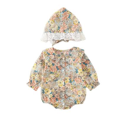 China Anti Shrink Long Sleeve Floral Babies Clothes Set Newborn Jumpsuit Hat Overalls 2021 2 Piece Outfits for sale