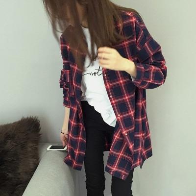 China Women QUICK DRY Autumn Long Sleeve Oversize Vintage Plaid Shirts Button Up Plus Size Women's Blouses and Shirts for sale