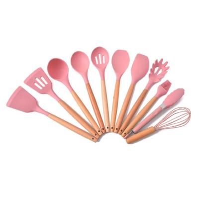 China Viable Sale Whole Silicone Kitchen Home Accessories Cooking Tools Wooden Handle Kitchen Tools 12 Pcs One Set for sale