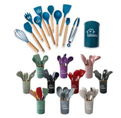 China 12 Pcs Non-Toxic Sustainable Cooking Tools Kitchenware Cocina Spatula Silicone Cooking Utensils Set With Wooden Handles for sale