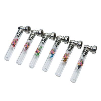 China Modern Pink Glass Pipe With Small Diamonds Metal Pipe Colorful Straight Smoking Pipe for sale