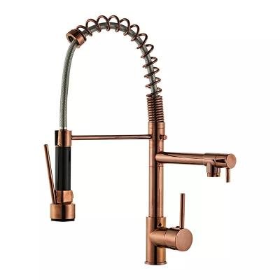 China High Quality Rose Gold Rotating Dual Handle 360 ​​Degree Spray Pull Out Kitchen Faucet With Pull Down Sprayer for sale