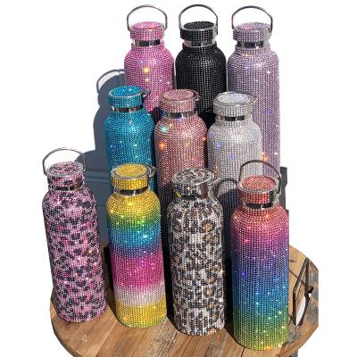 China Viable Designer Luxury Rainbow Black Bling Diamond Color Rhinestone Crystal Drink Stainless Steel Glitter Water Bottles With Chain for sale