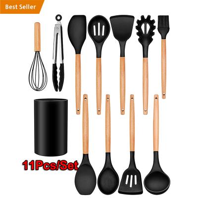 China 11Pcs/set Sustainable Heat Resistant Wood Handles Non-Stick Silicone Kitchen Accessories Cooking Tools Serving Utensils Set Wit Design Print for sale